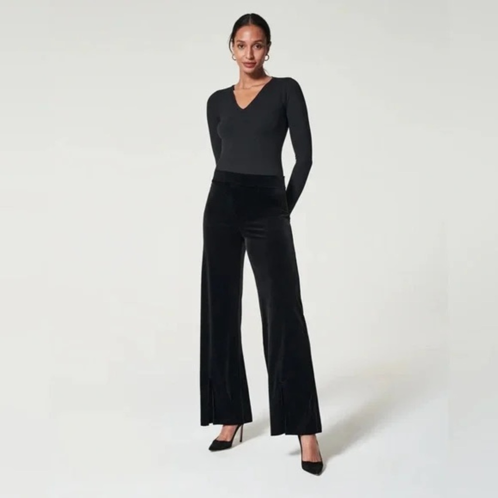Spanx Black Velvet Wide-Leg Split Hem Pants